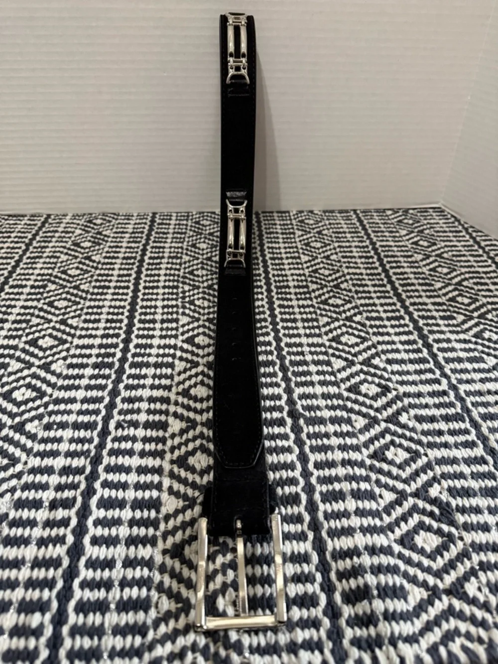 STACY ADAMS Black Grain Leather Belt with Silver Buckle Chain Accent